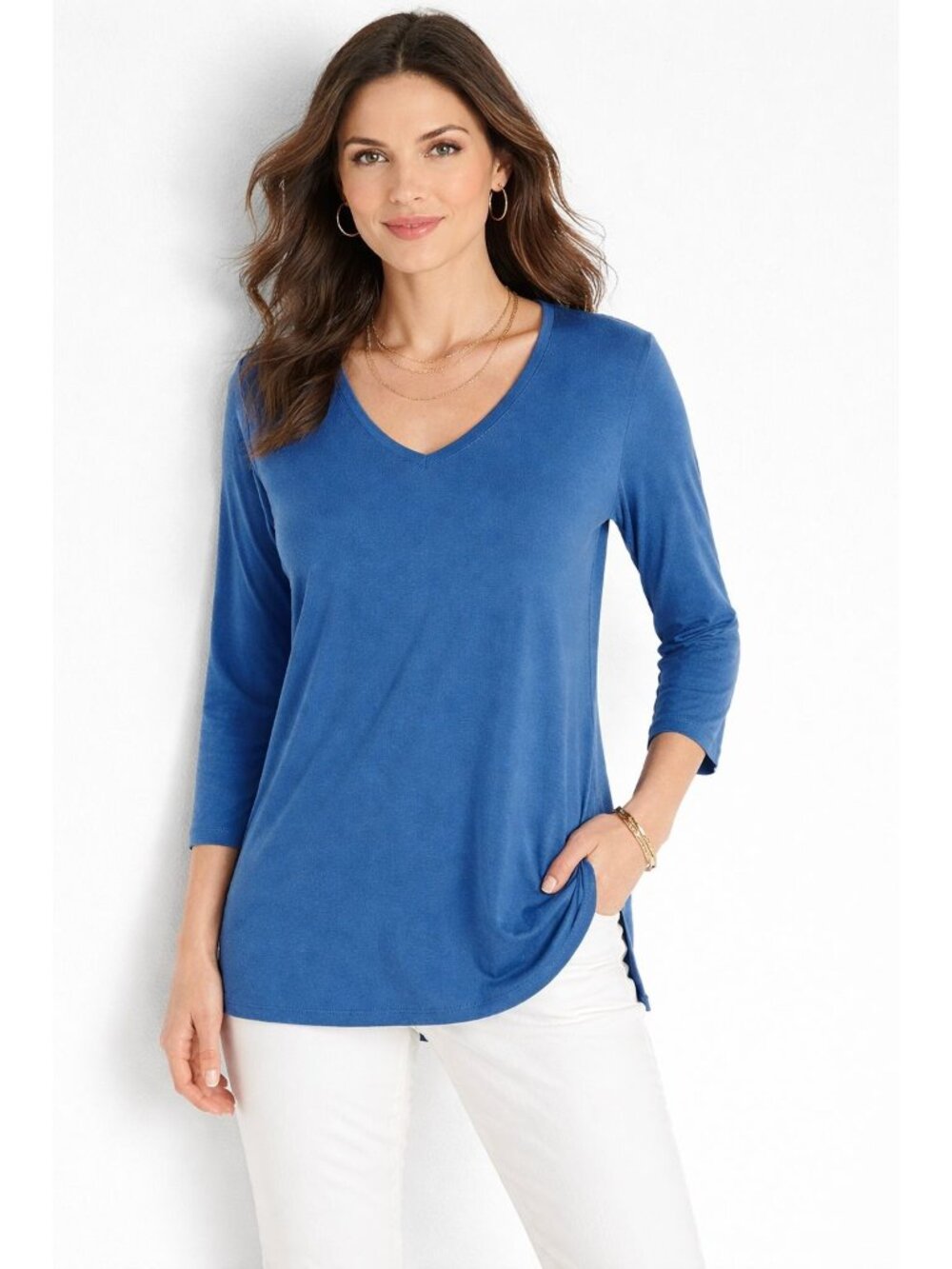 Chico's Travelers Slinky Blue V Neck Long Sleeves Blouse Top Size 1 (M) Casual